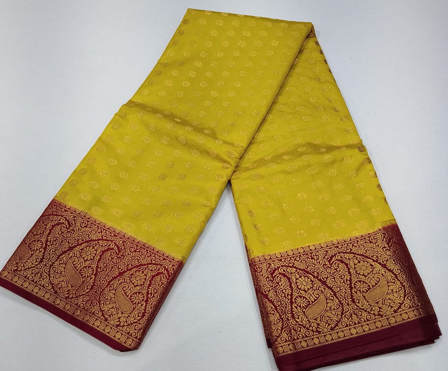 Semi Silk Butta Saree – Mustard Yellow with Wine Purple Rich Zari Border & Grand Pallu