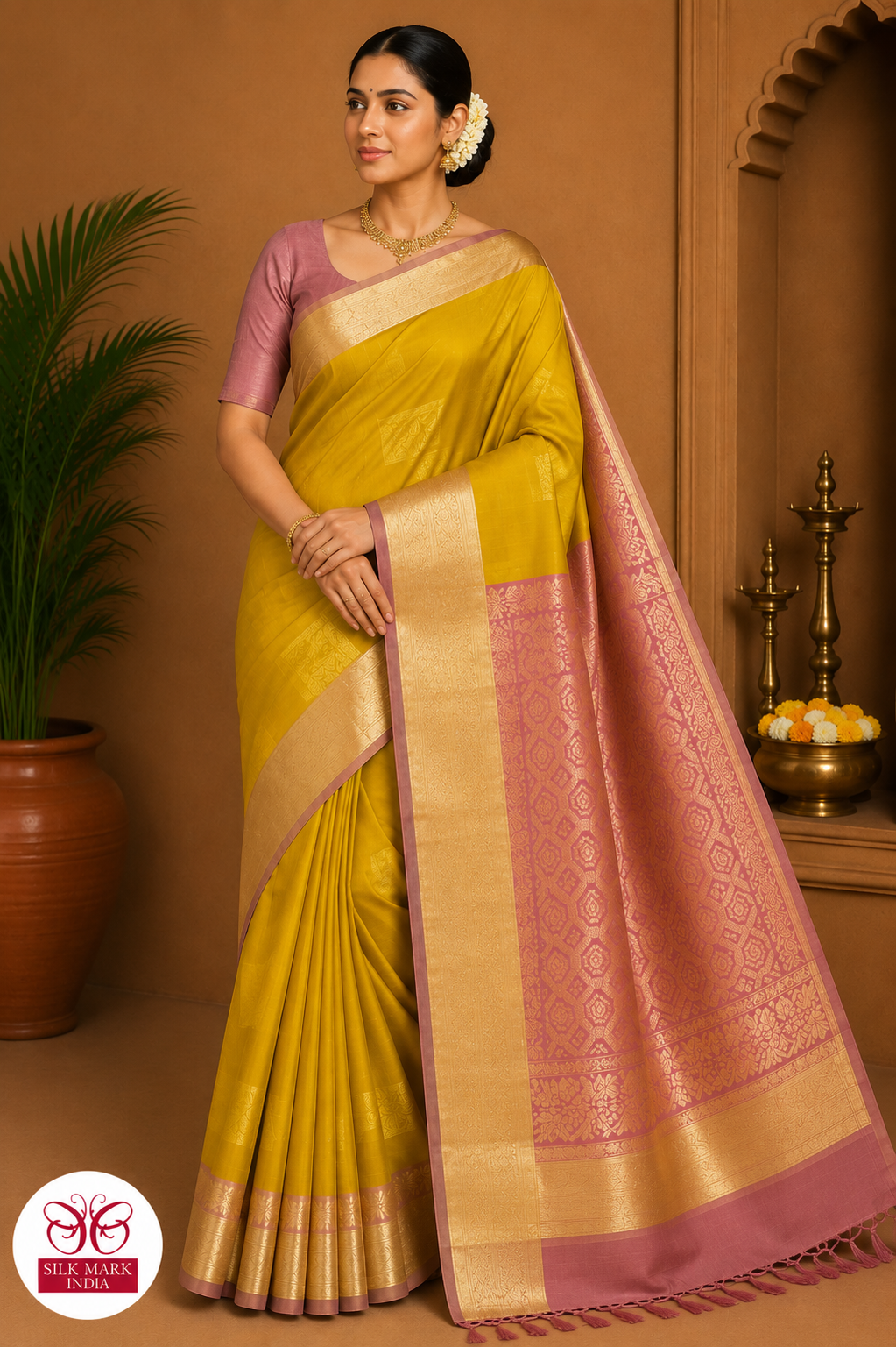 Pure Handloom Soft Silk Saree – Mustard Gold & Dusty Rose Pink with Plain Gold Border