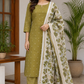 Olive Green Cotton Silk Unstitched Salwar Suit with Floral Printed Dupatta