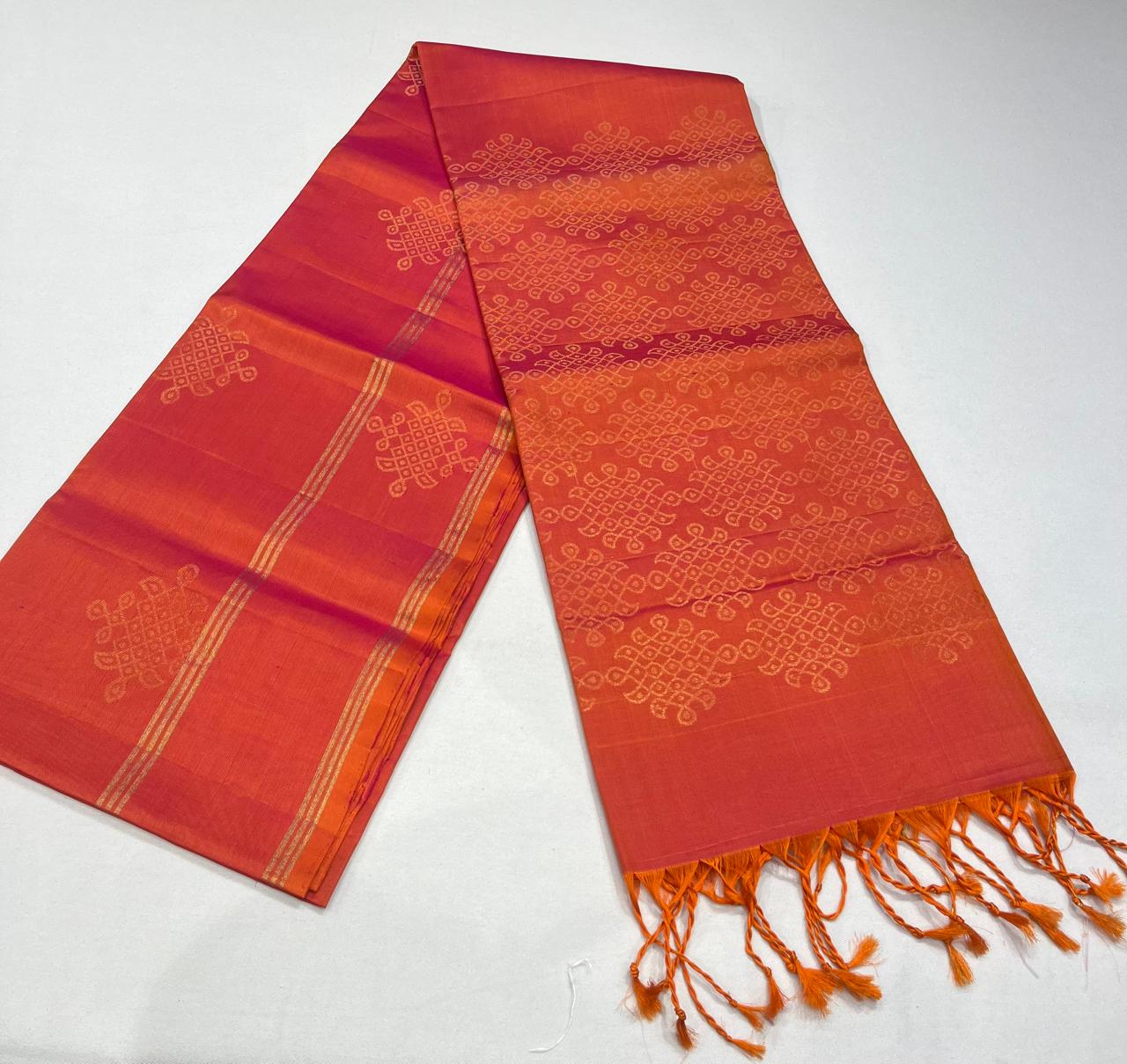 Pure Handloom Soft Silk Saree – Sunset Orange & Magenta Pink Dual Tone