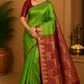 Pure Handloom Soft Silk Saree – Parrot Green with Maroon Designer Pallu