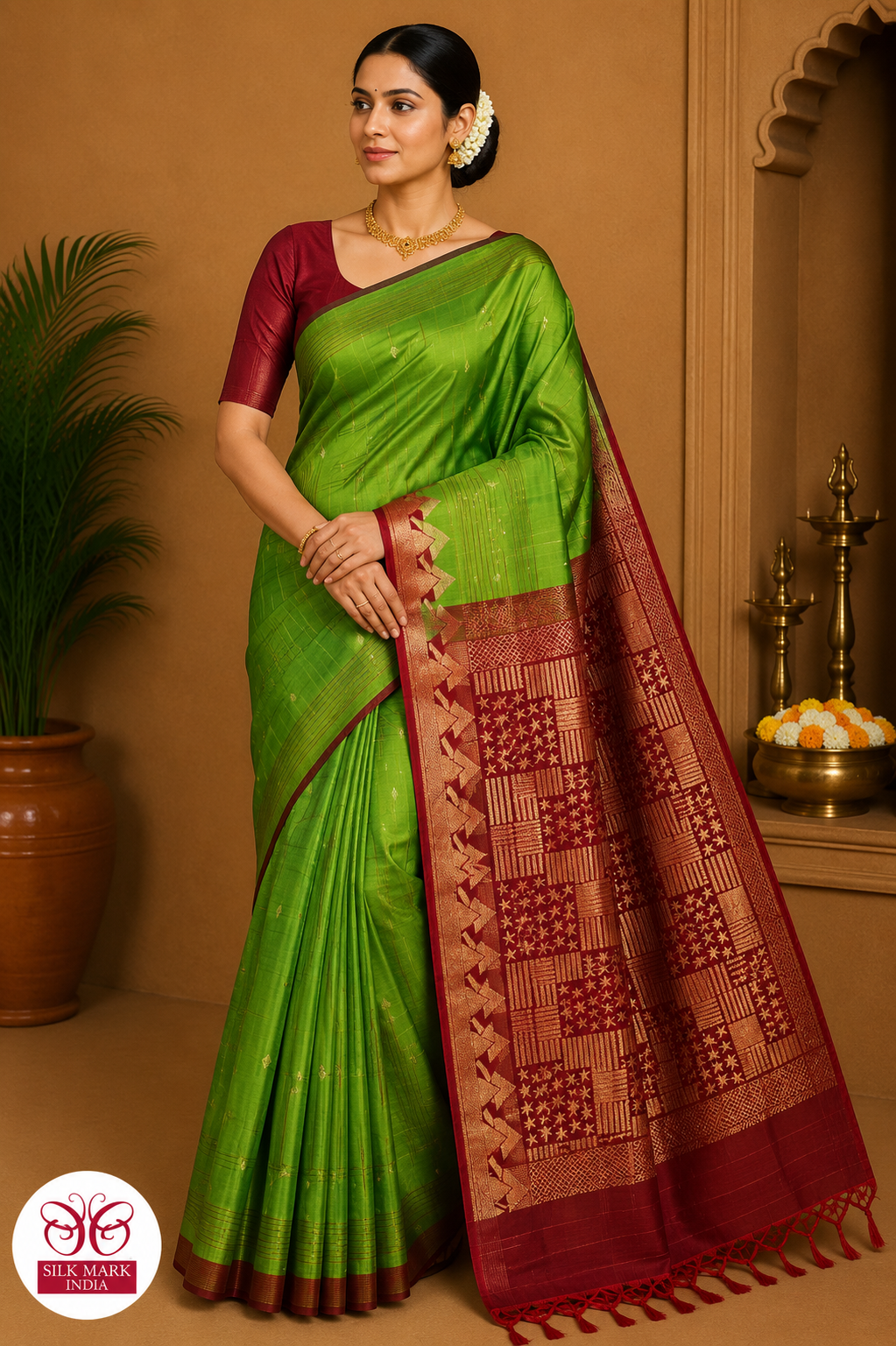 Pure Handloom Soft Silk Saree – Parrot Green with Maroon Designer Pallu