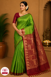 Pure Handloom Soft Silk Saree – Parrot Green with Maroon Designer Pallu