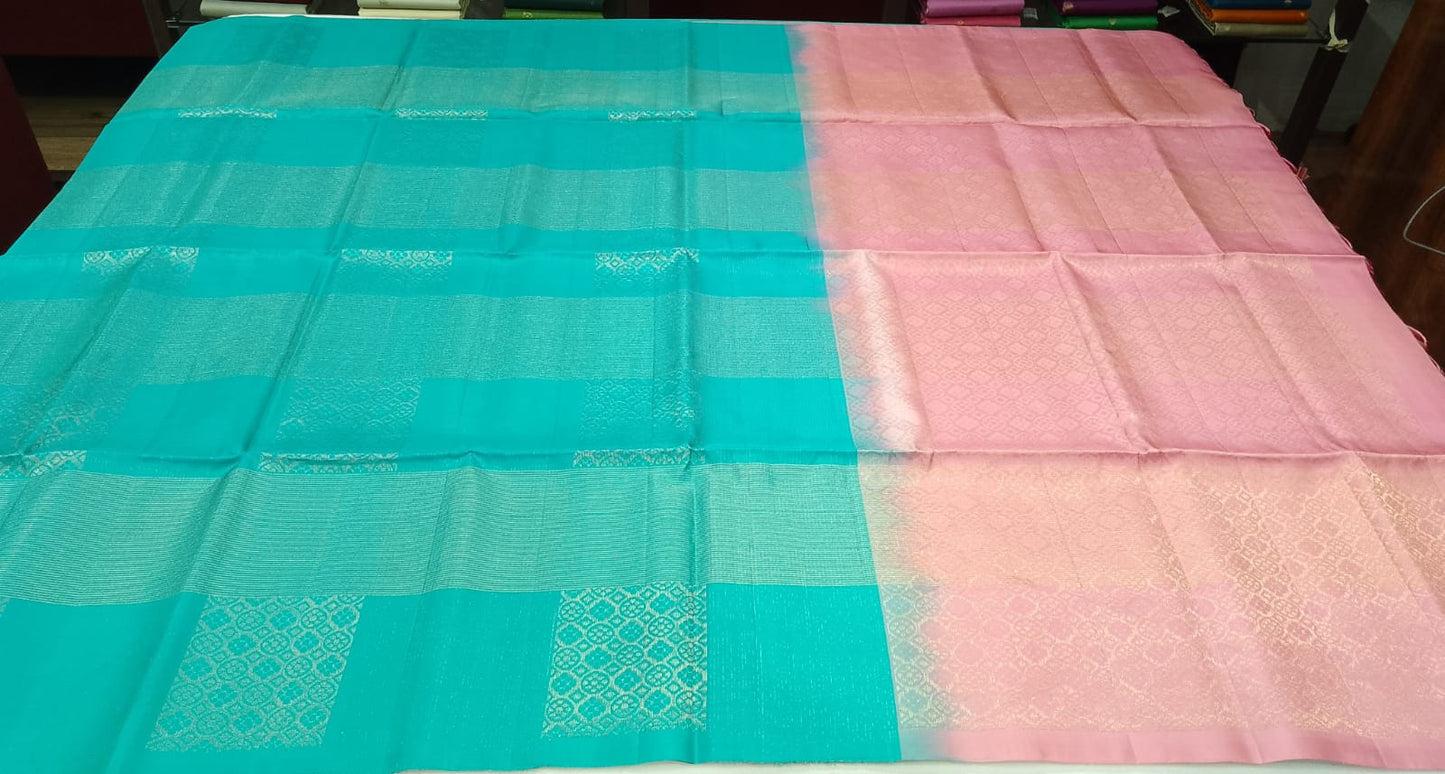 Pure Handloom Soft Silk Saree – Aqua Blue & Baby Pink Elegance