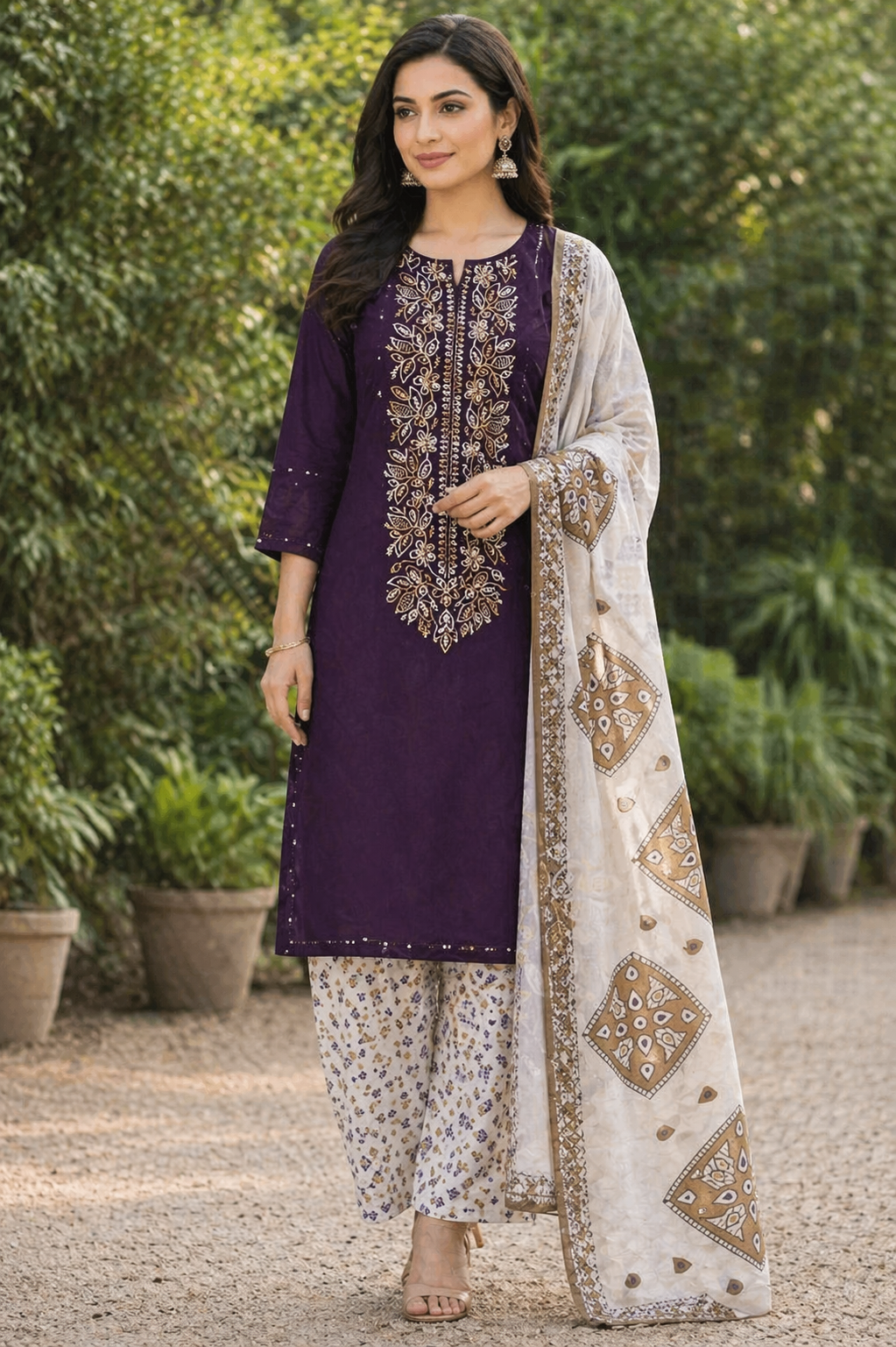 Elegant Wine Purple Embroidered Unstitched Salwar Suit with Printed Dupatta