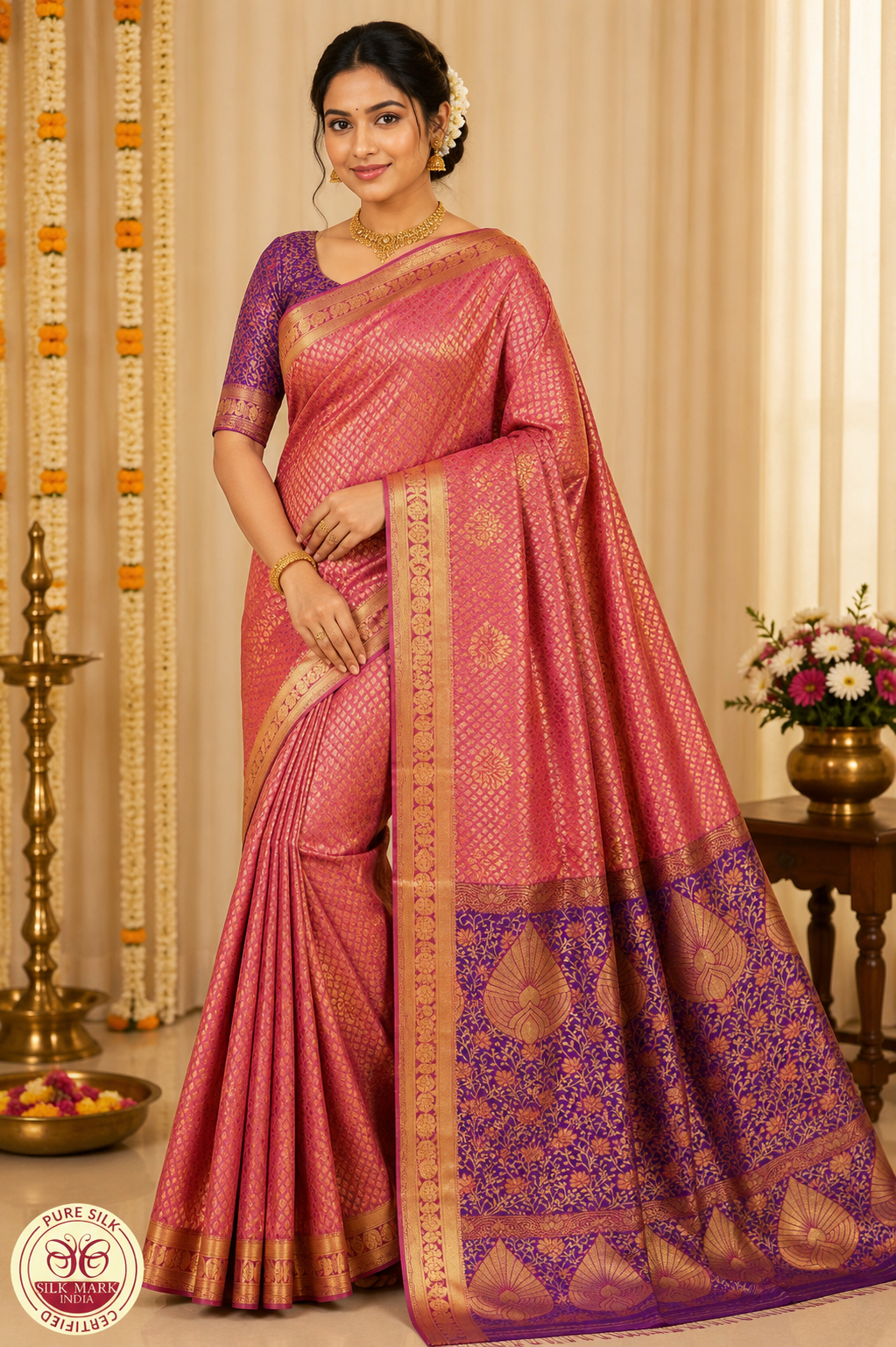 Rasberry Pink with Purple Gold border Kanjivaram Pure Silk Saree
