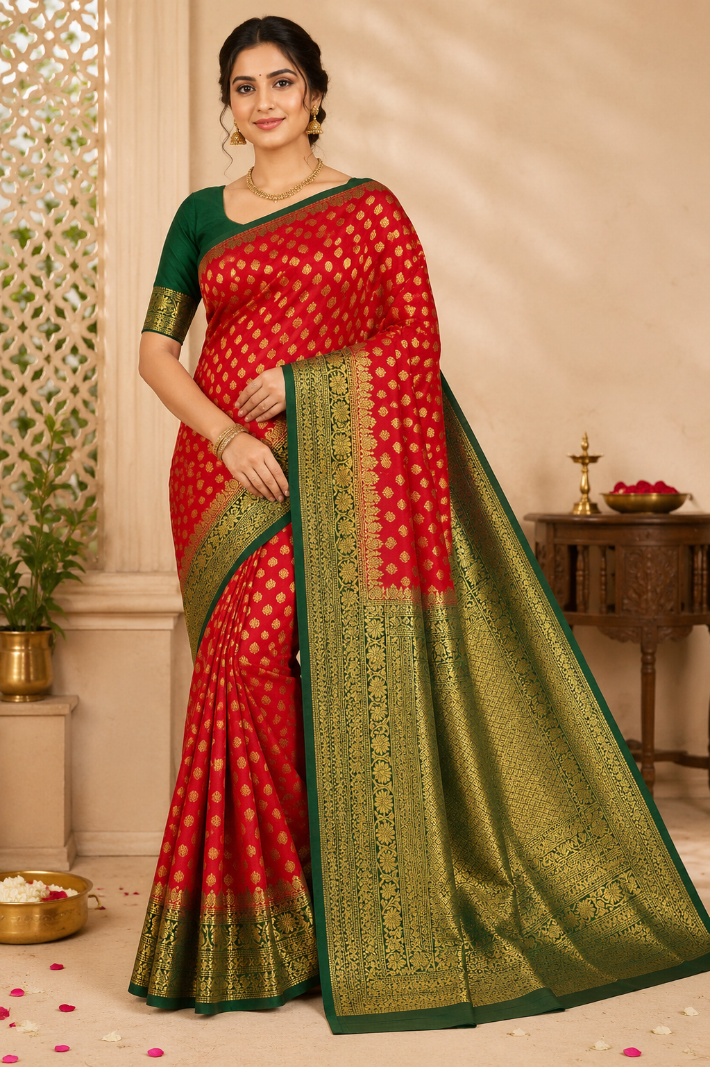 Classic Red with Bottle Green Rich Zari Border & Grand Pallu