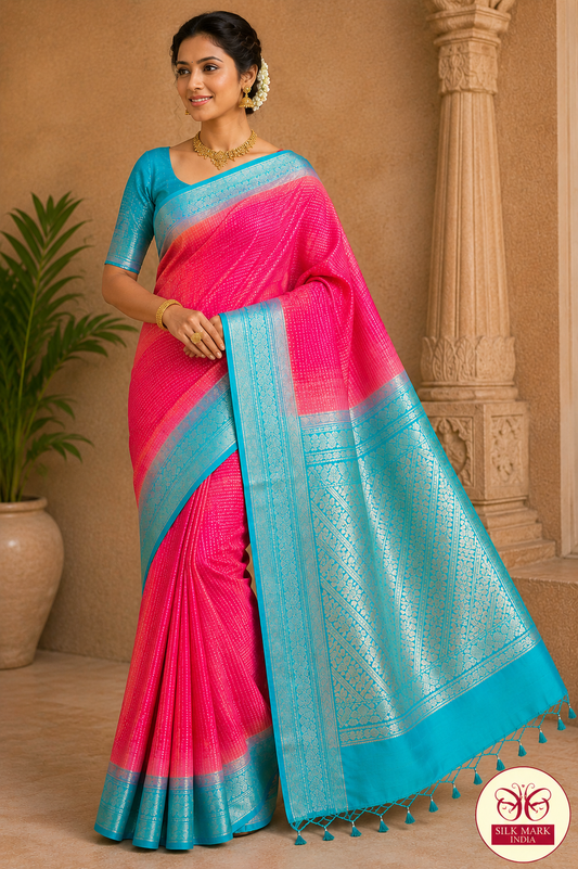 Pure Handloom Soft Silk Dual Tone Saree with Meena Zari – Rani Pink & Aqua Blue