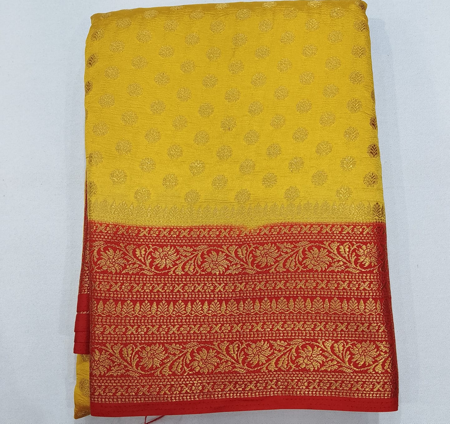 Semi Silk Butta Saree – Golden Yellow with Vermilion Red Rich Zari Border & Grand Pallu