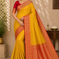 Semi Silk Butta Saree – Golden Yellow with Vermilion Red Rich Zari Border & Grand Pallu