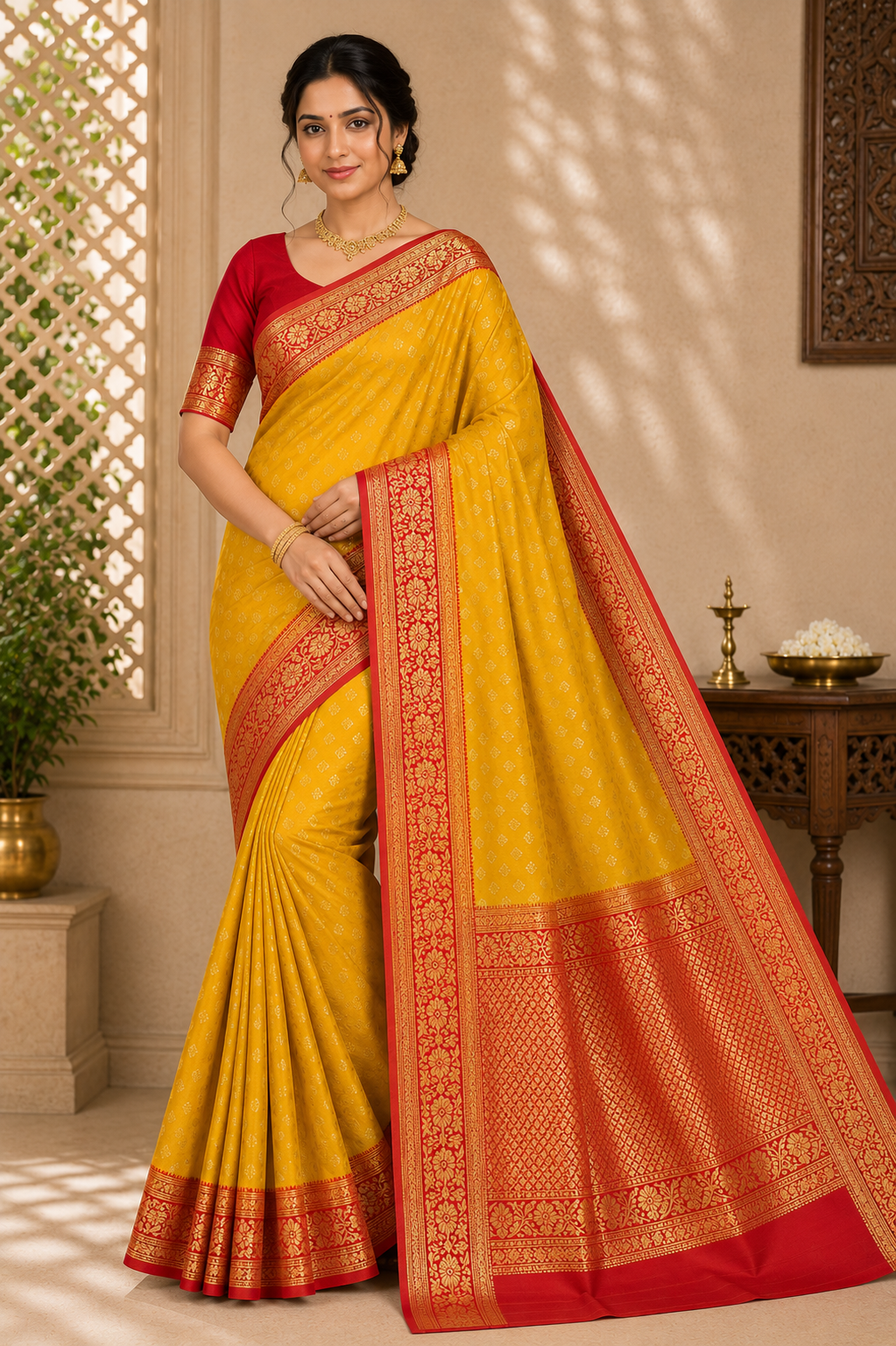 Semi Silk Butta Saree – Golden Yellow with Vermilion Red Rich Zari Border & Grand Pallu
