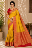 Semi Silk Butta Saree – Golden Yellow with Vermilion Red Rich Zari Border & Grand Pallu
